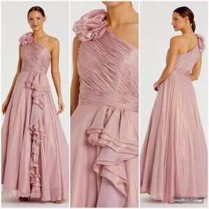 Mac Duggal Pink Iridescent One Shoulder Rosette Ball Gown Pink Rose Gold Size 12